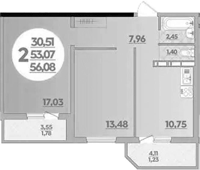 Продается 2-комн. квартира, 53.07 м²