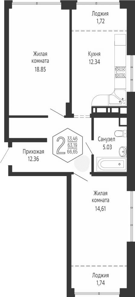 Продается 2-комн. квартира, 63.19 м²