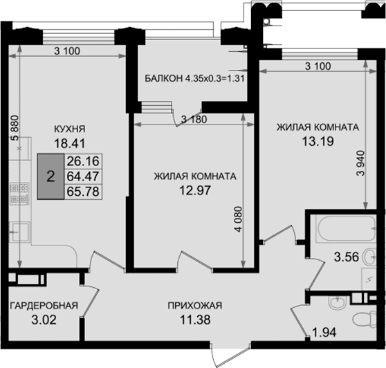 Продается 2-комн. квартира, 64.47 м²