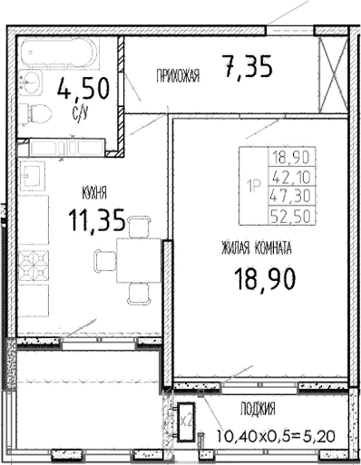 Продается 1-комн. квартира, 42.1 м²