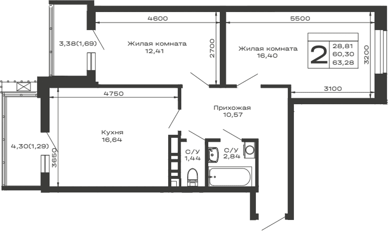 Продается 2-комн. квартира, 60.3 м²