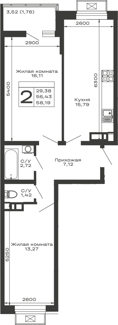 Продается 2-комн. квартира, 56.43 м²