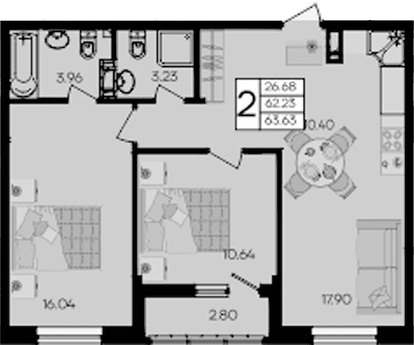 Продается 2-комн. квартира, 62.23 м²