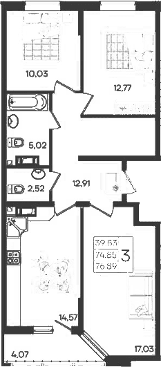 Продается 3-комн. квартира, 74.85 м²