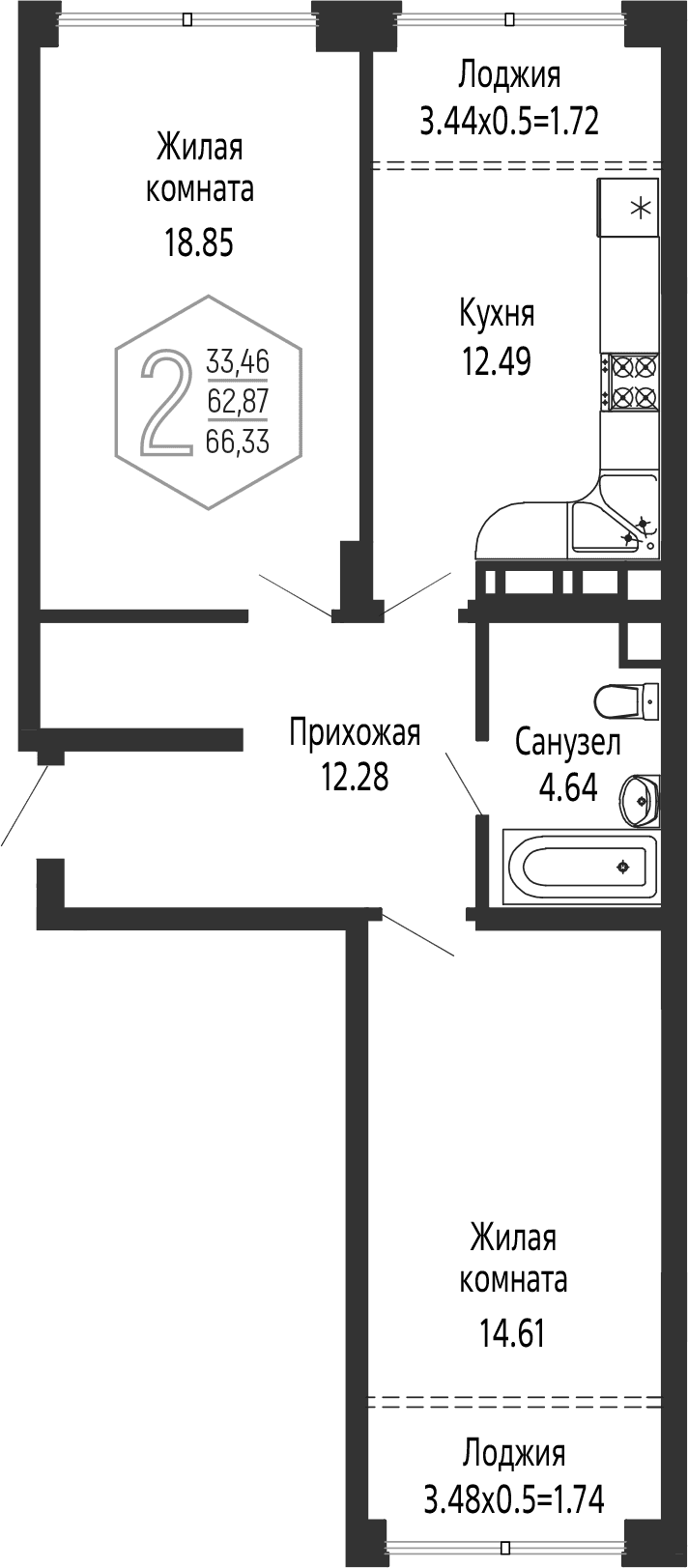 Продается 2-комн. квартира, 62.87 м²