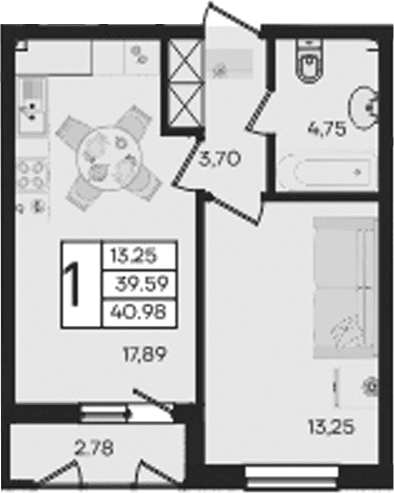 Продается 1-комн. квартира, 39.59 м²