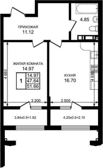 Продается 1-комн. квартира, 47.64 м²