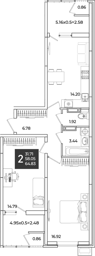 Продается 2-комн. квартира, 58.05 м²