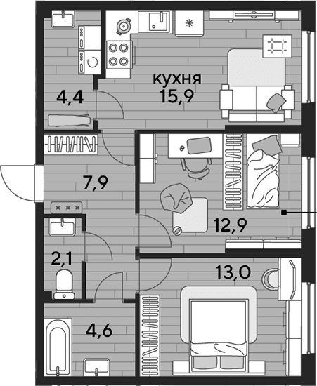 Продается 2-комн. квартира, 60.8 м²