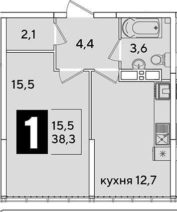 Продается 1-комн. квартира, 38.3 м²