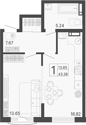 Продается 1-комн. квартира, 43.38 м²