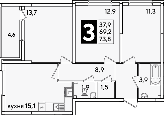 Продается 4-комн. квартира, 69.2 м²