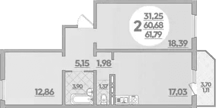 Продается 2-комн. квартира, 60.68 м²