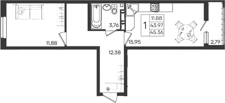 Продается 1-комн. квартира, 43.96 м²