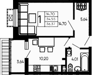 Продается 1-комн. квартира, 34.55 м²