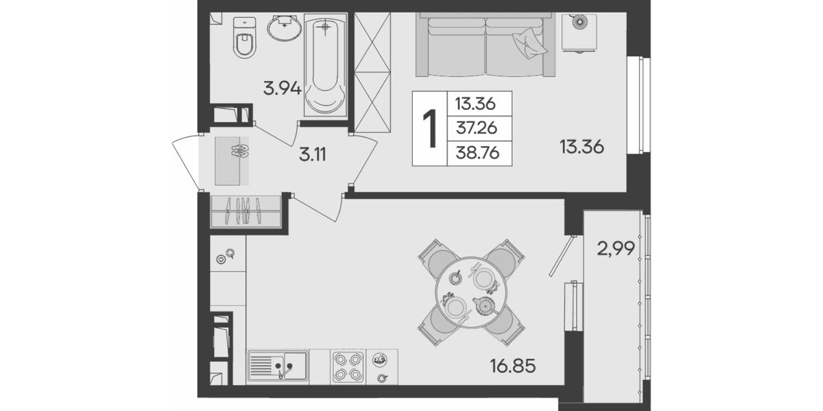 Продается 1-комн. квартира, 37.26 м²