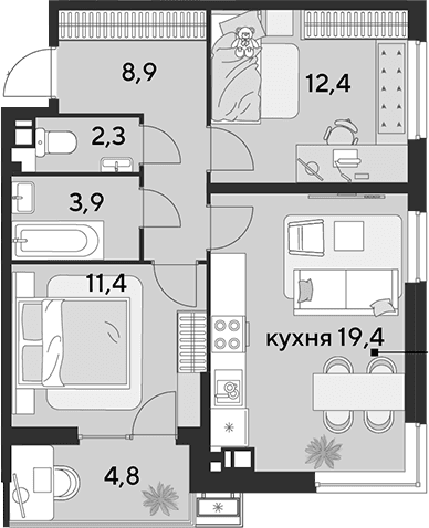 Продается 3-комн. квартира, 58.3 м²