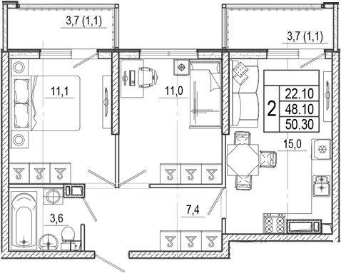 Продается 3-комн. квартира, 48.1 м²