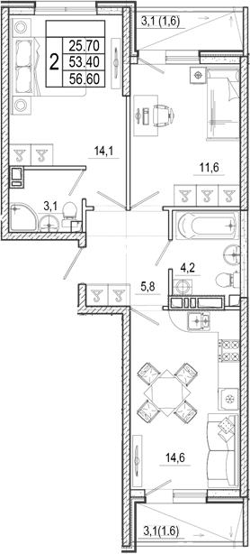 Продается 2-комн. квартира, 53.4 м²