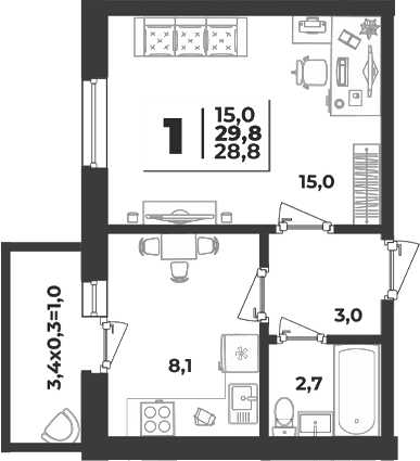 Продается 1-комн. квартира, 28.8 м²