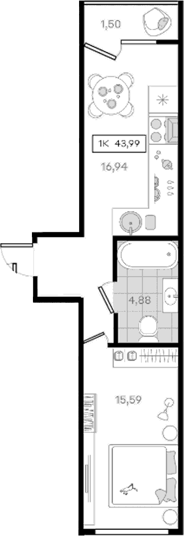 Продается 1-комн. квартира, 42.49 м²