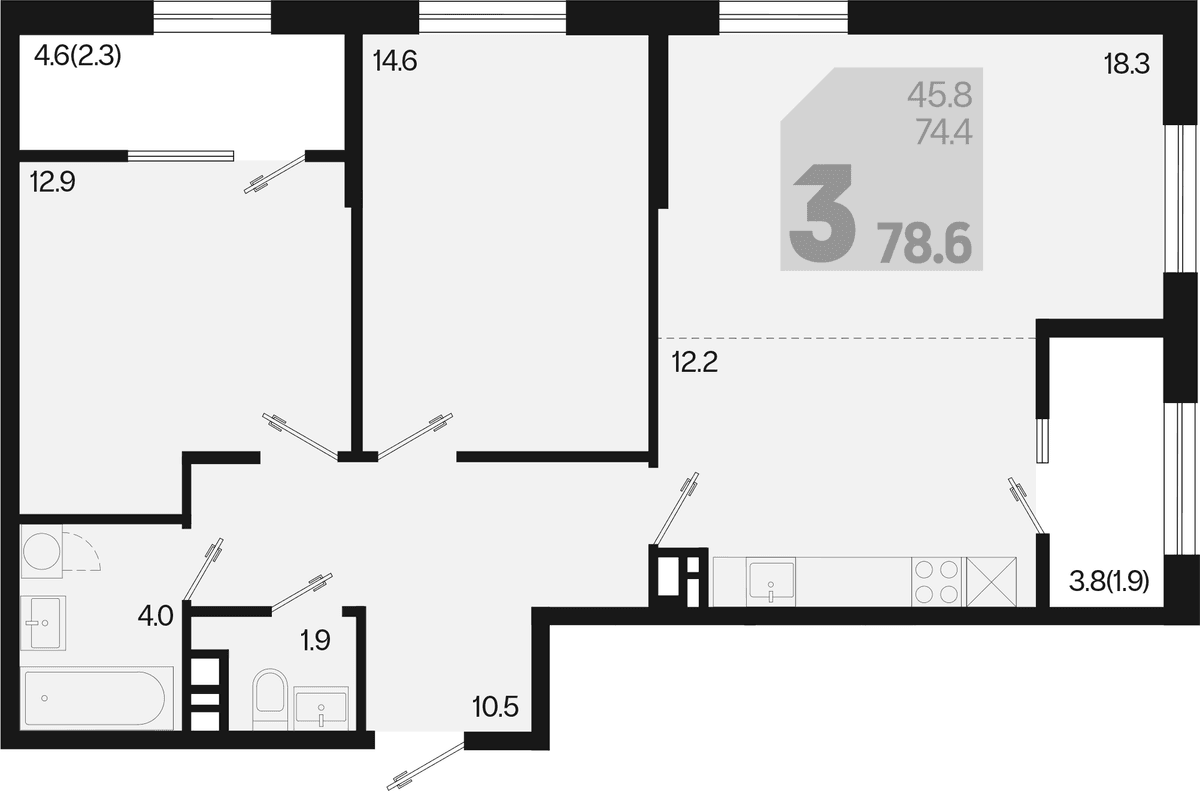 Продается 3-комн. квартира, 74.4 м²