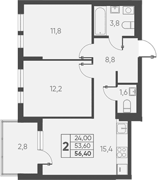 Продается 2-комн. квартира, 53.6 м²