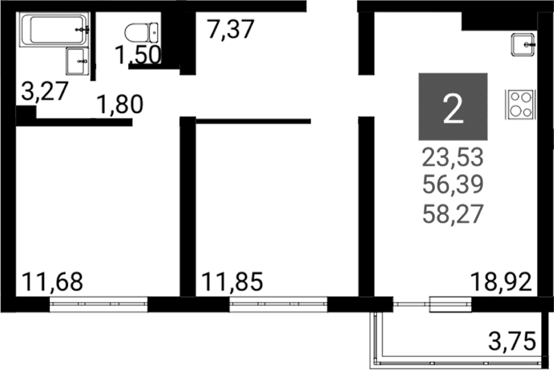 Продается 2-комн. квартира, 54.51 м²
