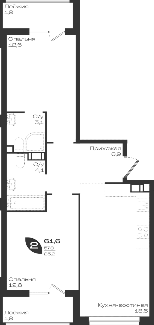 Продается 2-комн. квартира, 57.8 м²