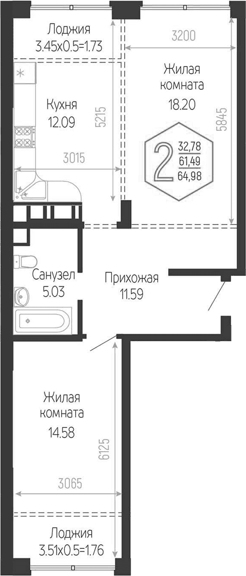 Продается 2-комн. квартира, 61.49 м²