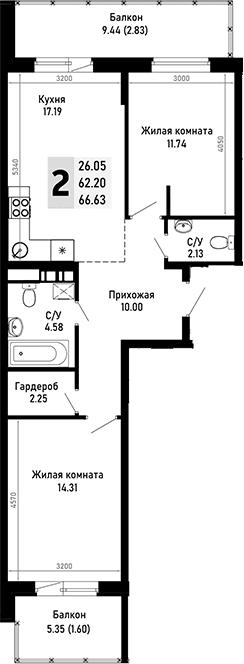 Продается 2-комн. квартира, 62.2 м²