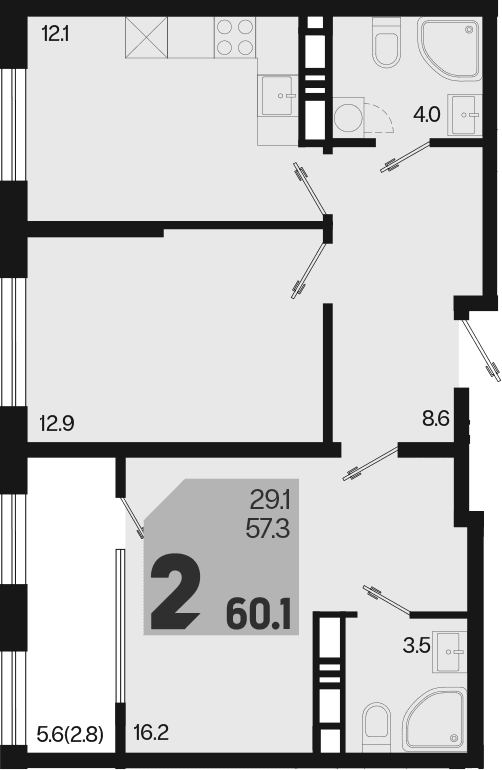 Продается 2-комн. квартира, 57.3 м²