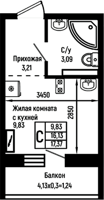 Продается 1-комн. квартира, 16.13 м²