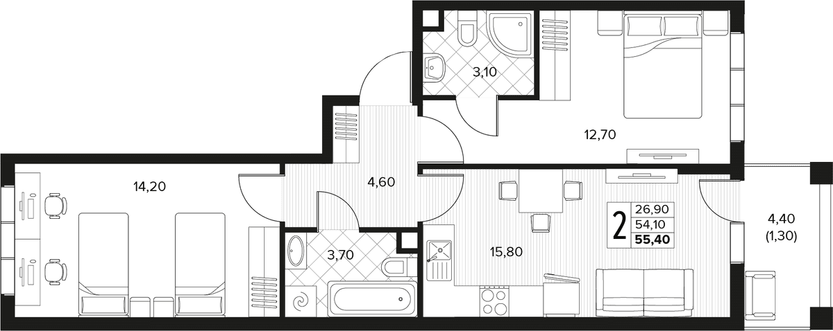 Продается 2-комн. квартира, 54.1 м²