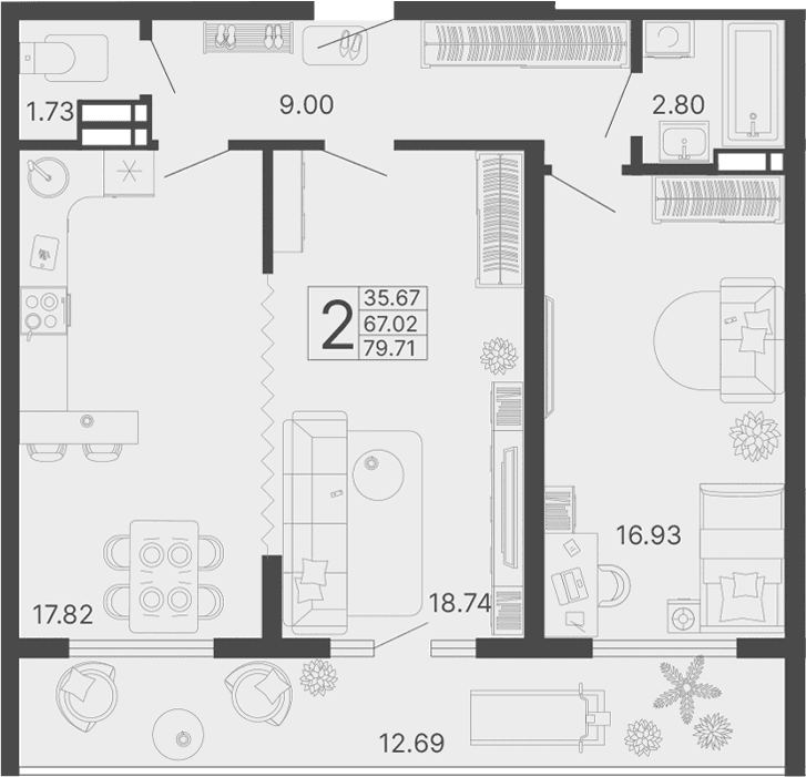 Продается 2-комн. квартира, 67.02 м²