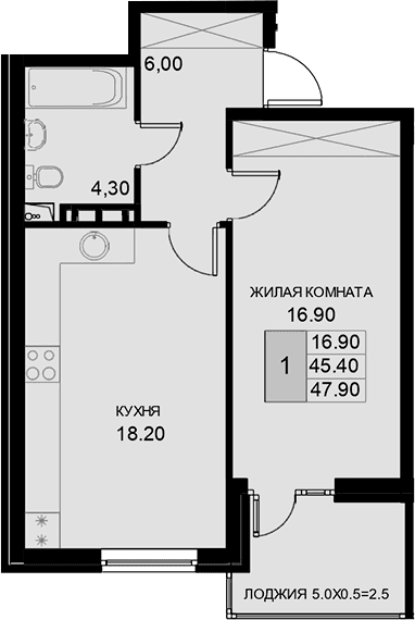 Продается 1-комн. квартира, 45.4 м²