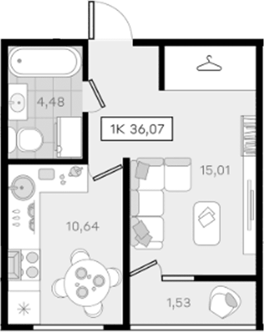 Продается 1-комн. квартира, 34.54 м²