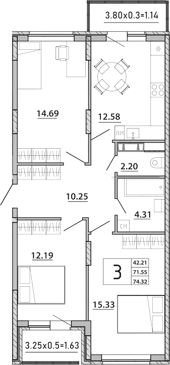 Продается 3-комн. квартира, 71.55 м²