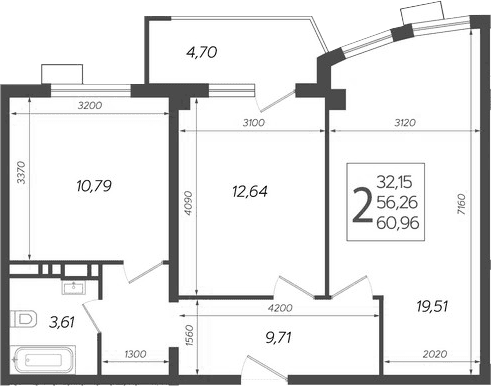 Продается 2-комн. квартира, 56.26 м²