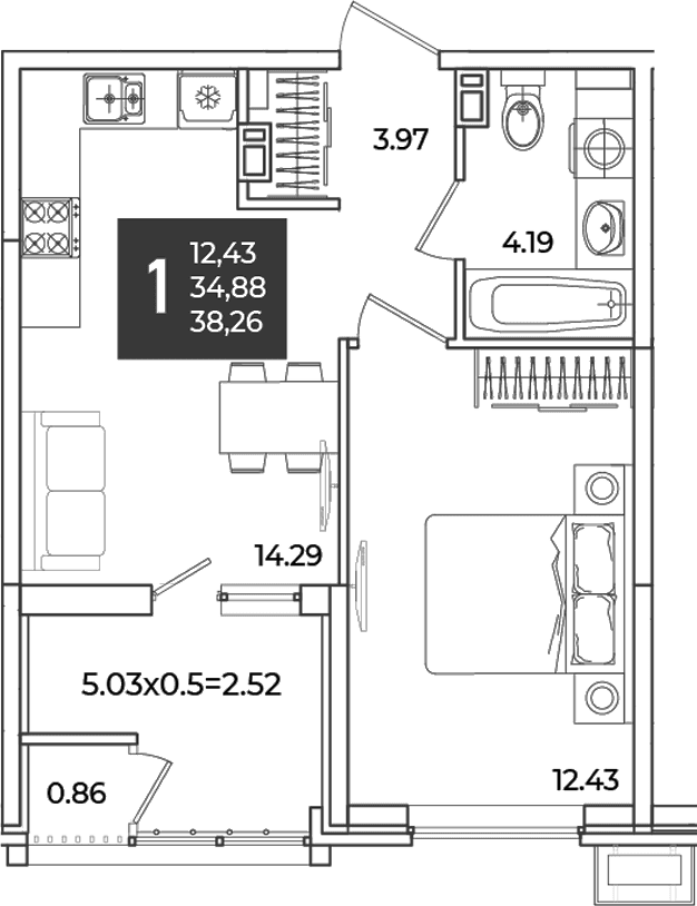 Продается 1-комн. квартира, 34.88 м²