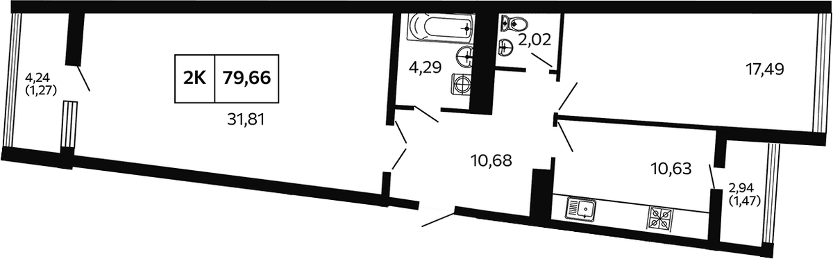 Продается 2-комн. квартира, 76.92 м²