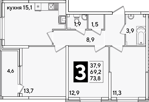 Продается 4-комн. квартира, 69.2 м²