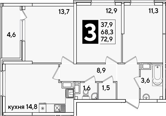 Продается 3-комн. квартира, 68.3 м²