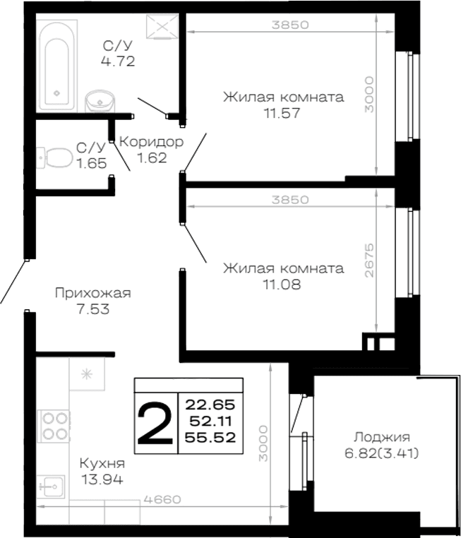 Продается 2-комн. квартира, 52.11 м²
