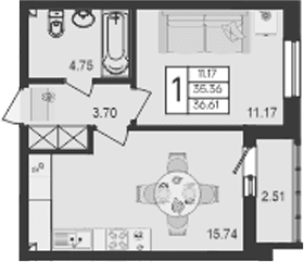 Продается 1-комн. квартира, 35.36 м²