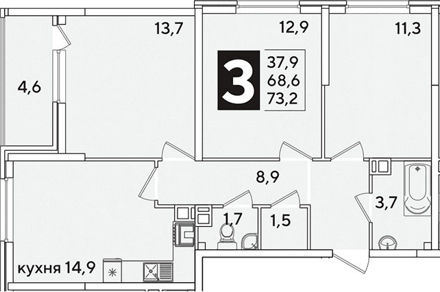 Продается 3-комн. квартира, 68.6 м²