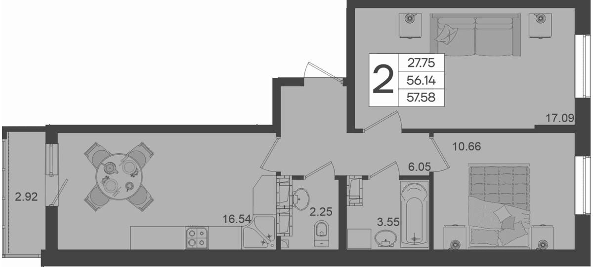 Продается 2-комн. квартира, 56.14 м²