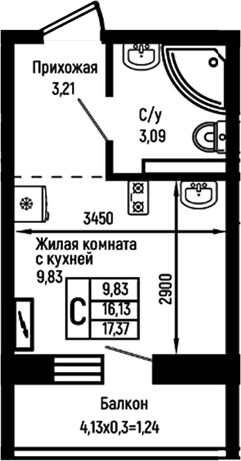 Продается 1-комн. квартира, 16.13 м²