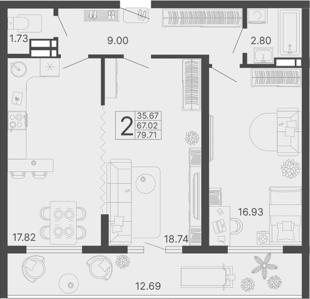 Продается 2-комн. квартира, 67.02 м²