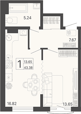 Продается 1-комн. квартира, 43.38 м²
